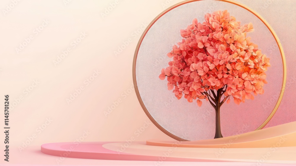 Poster peach tree abstract background idea. a beautiful pink tree surrounded by a circular frame on a soft 