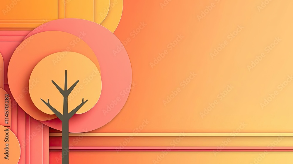 Poster peach tree abstract background idea. vibrant abstract design featuring layered circles and a tree si