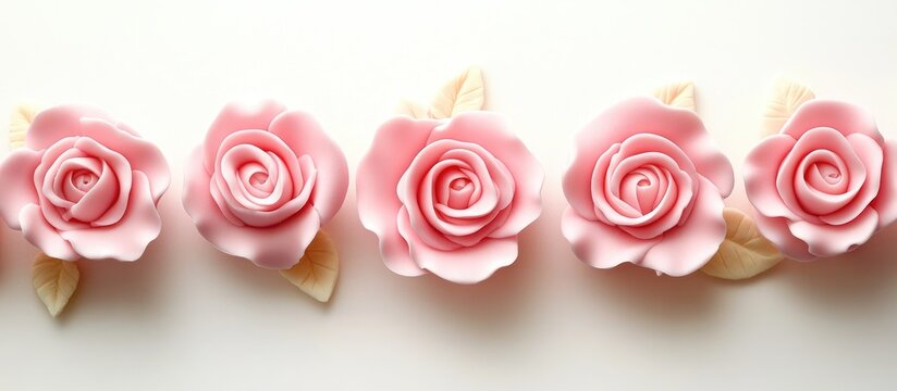 Pink marzipan roses delicately arranged for elegant cake decoration on a white background enhancing exquisite pastry presentation