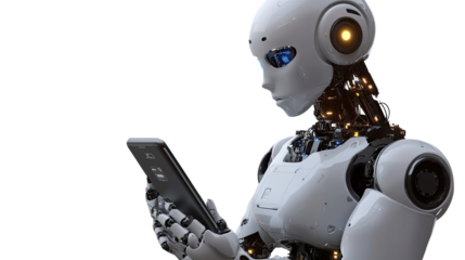 AI Robot using Smartphone: Advanced humanoid robot using a smartphone, showcasing futuristic technology and seamless integration between human-like intelligence and modern devices.  