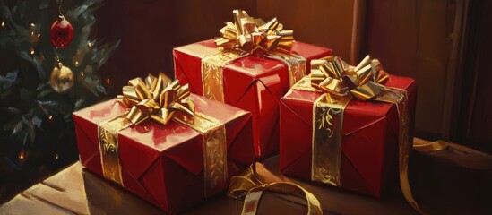 Festively wrapped red presents adorned with golden bows and ribbons beside a Christmas tree in a cozy holiday setting