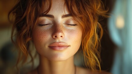 Naklejka premium A woman relaxes with closed eyes for happiness and zen in a house, showcasing harmony, balance, peace, mindset, stress relief, and chakra with tranquility.