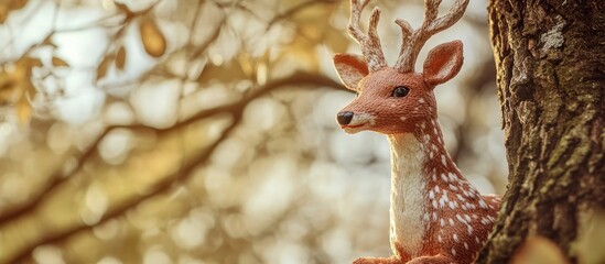 Obraz premium Fabric deer toy perched on a tree branch surrounded by autumn leaves with space for text or creative designs.
