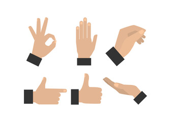 Hands collection with different poses in flat style. Gesturing hand set. Interactive communication set. Different poses, hold, point and count. Peace and thumb up.