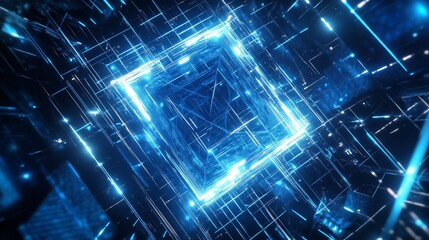 A blue geometric shape surrounded by glowing lines creates a futuristic, tech-inspired design.