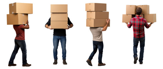 Set of diverse men carrying multiple cardboard boxes, isolated on transparent background