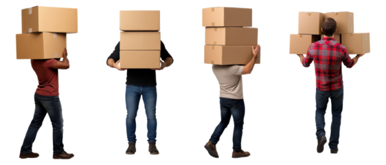 Set of diverse men carrying multiple cardboard boxes, isolated on transparent background