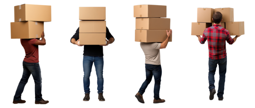 Set of diverse men carrying multiple cardboard boxes, isolated on transparent background - Powered by Adobe
