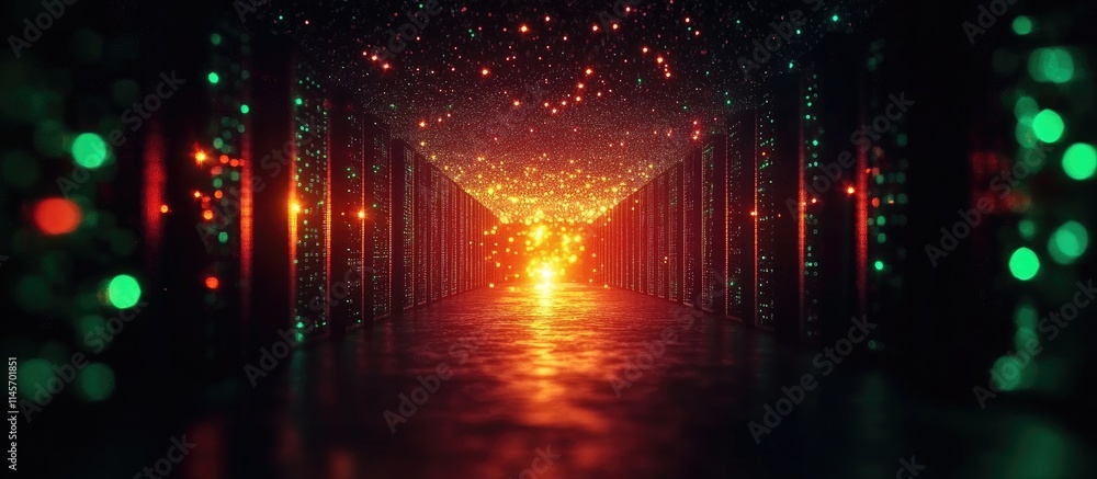 Poster digital data processing in a futuristic server room with glowing lights and vibrant colors represent