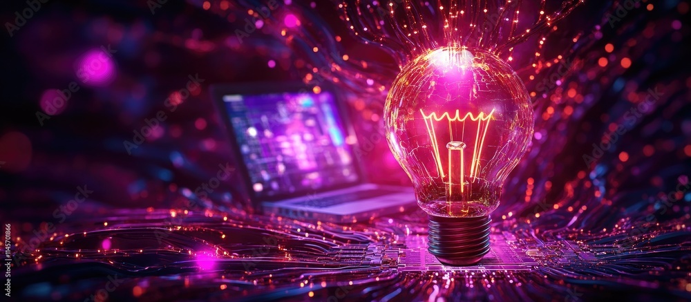 Poster innovative double exposure of a glowing light bulb with digital circuitry and a laptop representing 