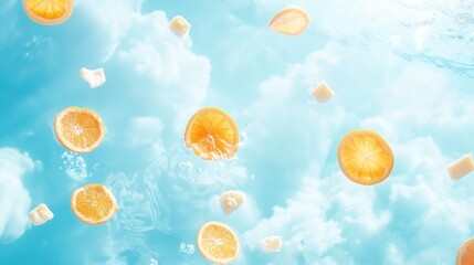 3d render illustration for advertising. Falling orange balls in the blue background. 