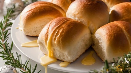 bread butter melted butter rosemary festive decoration white plate dinner rolls close-up