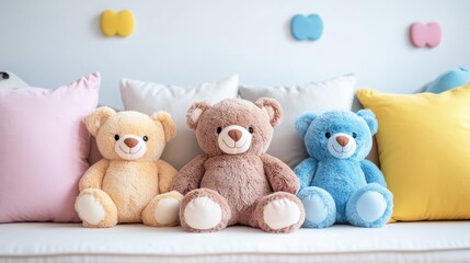 Charming Scandinavian nursery featuring plush teddy bears vibrant pillows and soft blankets in a modern interior design setting.