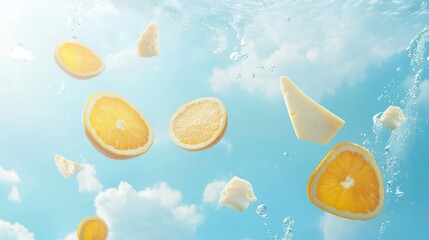 3d render illustration for advertising. Falling orange balls in the blue background. 