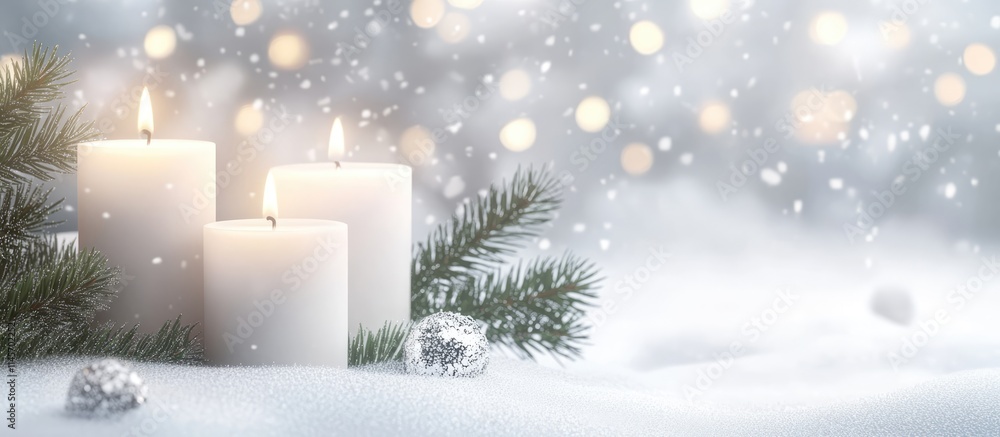 Aufkleber advent candles adorned with shimmering lights amidst a snowy backdrop creating a warm festive atmosp