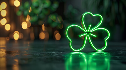 Neon glowing green four-leaf clover in a dark festive background for St. Patrick’s Day celebration themes.