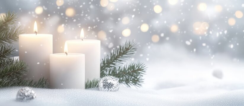 Advent candles adorned with shimmering lights amidst a snowy backdrop creating a warm festive atmosphere for the holiday season