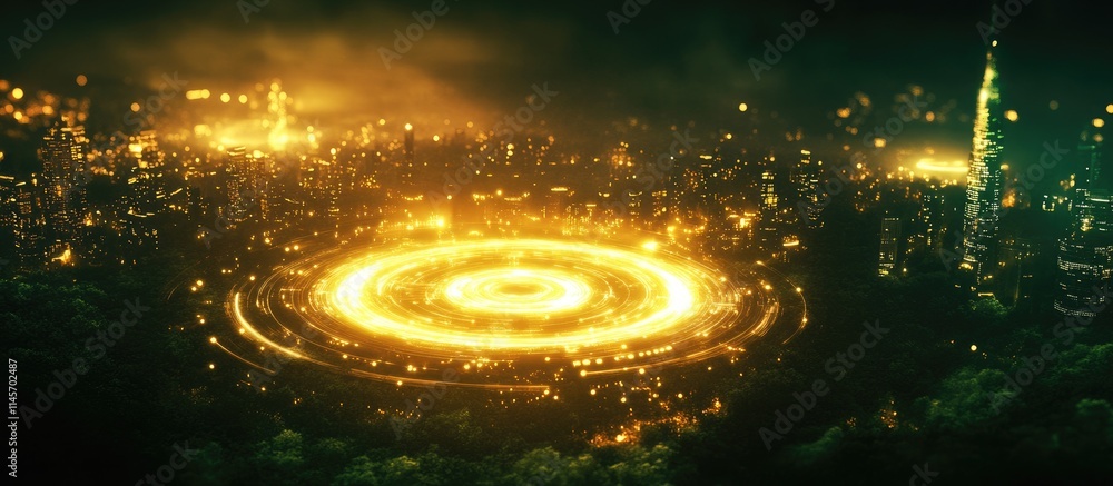Aufkleber aerial view of a futuristic city with glowing circular data scanners showcasing advanced technology 