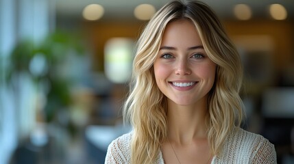 Obraz premium A woman smiles confidently in a workplace, representing a proud journalist, creative writer, news editor, or reporter for content creation.