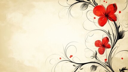 Elegant vintage abstract floral design with red flowers and intricate swirls on a textured beige background for classic decor and styling.