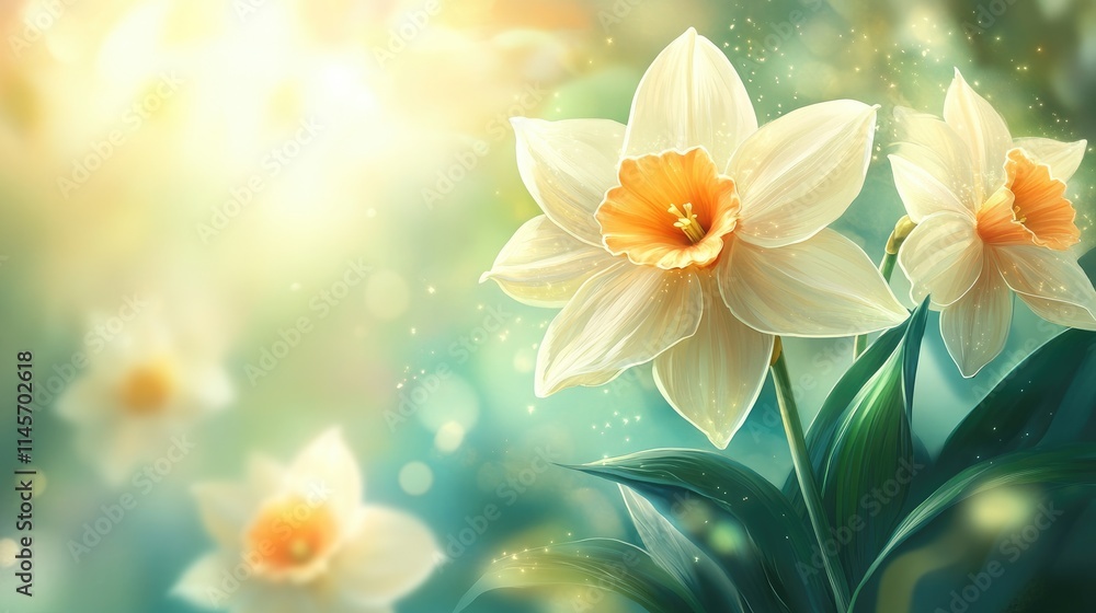 Poster blooming cream and yellow daffodil flowers in vibrant spring sunlight with soft bokeh background cre