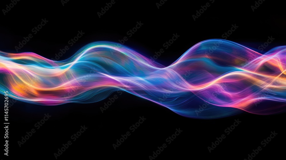 Poster vibrant abstract electric waves in holographic colors flowing gracefully on a dark background creati