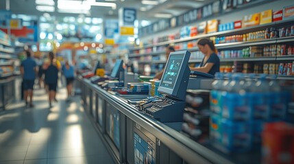 Obraz premium Close-up of Supermarket Checkout Area with Customers and Products