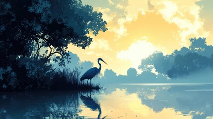 Majestic blue heron stands in serene lake at sunrise surrounded by lush foliage and vibrant reflections in tranquil waters.