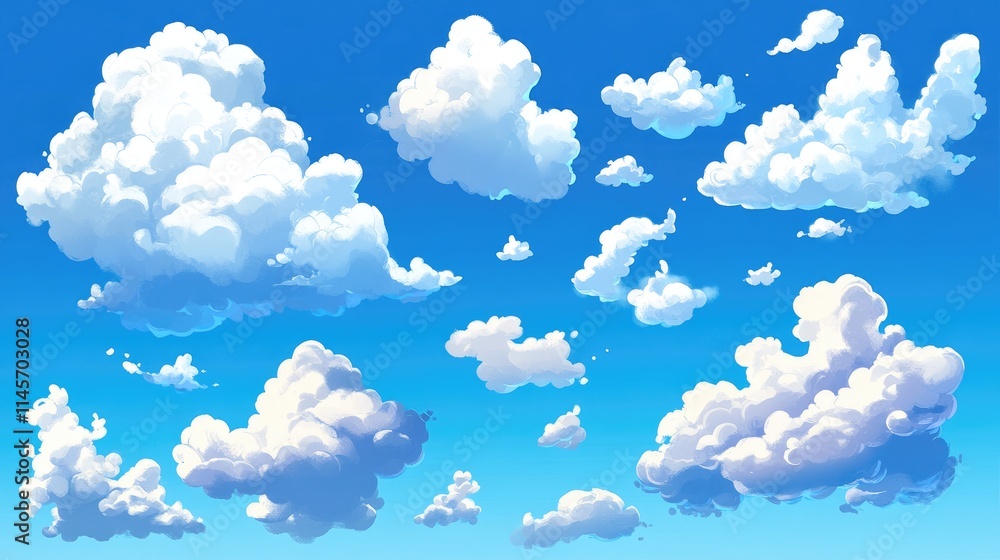 Poster diverse fluffy clouds in a clear blue sky creating a serene and tranquil atmosphere for nature backg