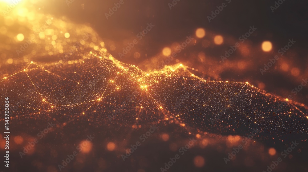Poster a mesmerizing landscape of golden particles and interconnected lines creates an abstract and etherea