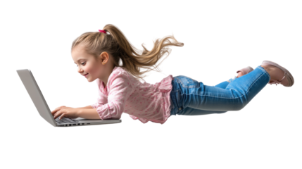 Flying High with Tech: A joyful little girl soars through the air, effortlessly using her laptop, symbolizing the boundless possibilities of technology and childhood imagination. 
