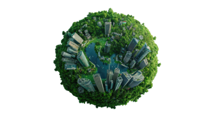 Urban Oasis: A spherical city, enveloped in lush greenery, symbolizes the harmonious coexistence of nature and urban development. This captivating image evokes a sense of hope and sustainability.