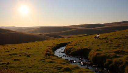 Serene Sunset Over Rolling Hills With Lonely Bench