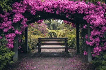 A serene garden archway adorned with vibrant purple flowers and a wooden bench for relaxation.