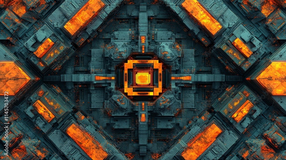 Poster intricate symmetrical design resembling a futuristic technological structure or circuit board with g