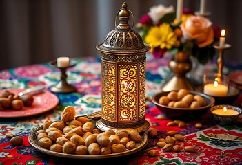 Festive Table with Nuts, Lantern, and Candles