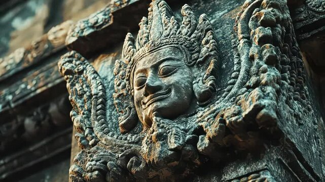 A detailed stone carving of a deity with intricate designs and expressions.