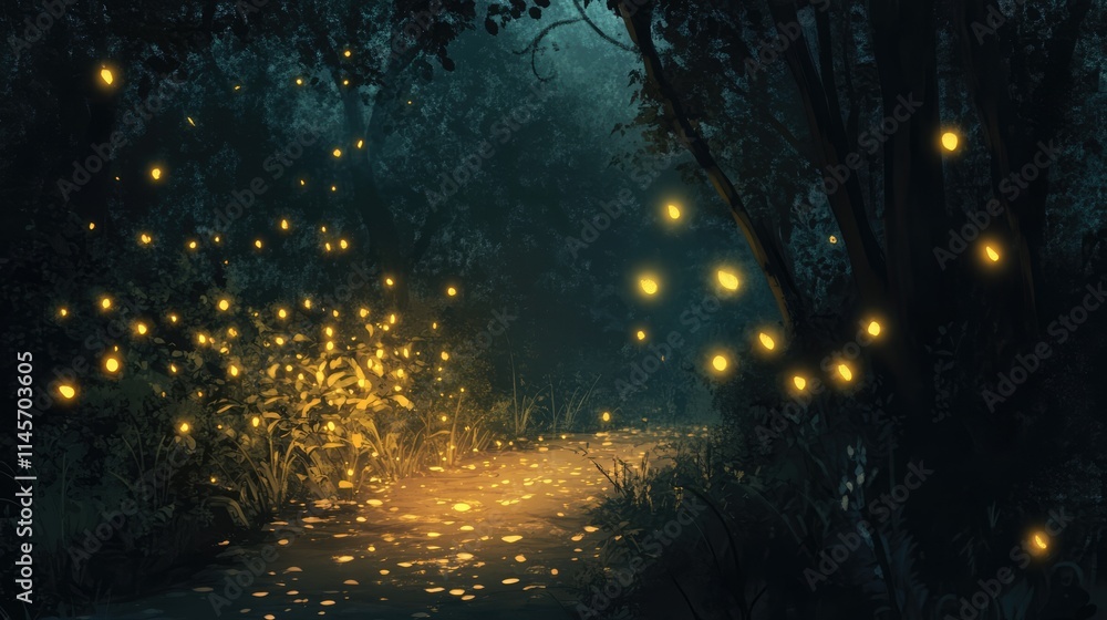 Poster enchanting pathway illuminated by fireflies in a serene forest setting creating a magical and tranqu