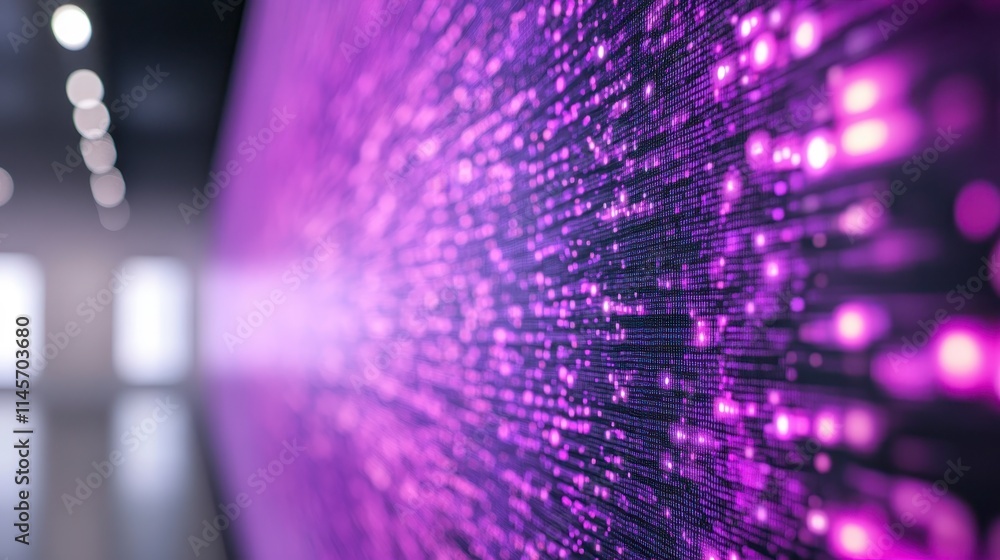 Poster a vibrant display of purple light patterns, showcasing a digital or technological theme, with a focu