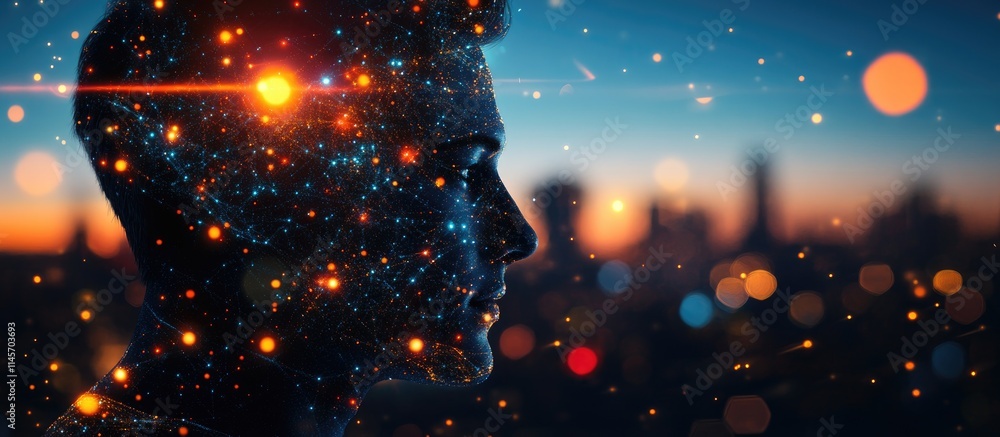 Poster double exposure portrait representing global connectivity and networking through a cosmic-themed ill