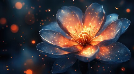 Radiant Blue Flower Blooming with Enchanting Glow and Sparkling Bokeh Effects for Artistic and Nature Themes