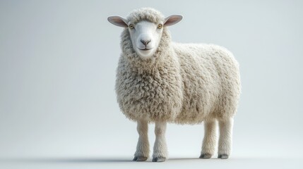 Fototapeta premium Realistic 3D illustration of a hungry sheep seeking food against a minimalist white background showcasing softness and texture of wool fur.