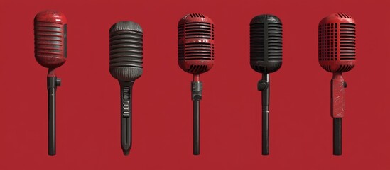 Naklejka premium Classic vintage metal microphones in various designs displayed against a vibrant red backdrop for a retro music theme.