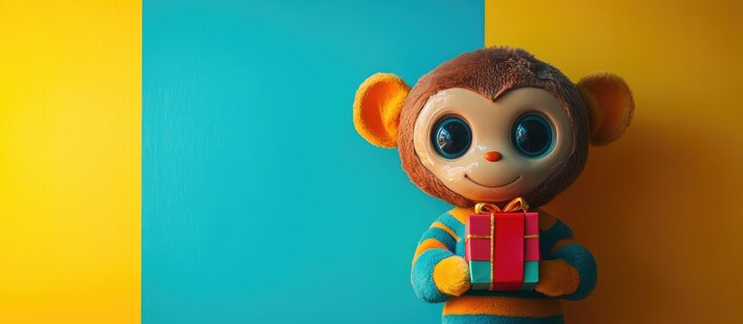 Cheburashka character with a gift on colorful background playful and cheerful children's toy representation in vibrant decor