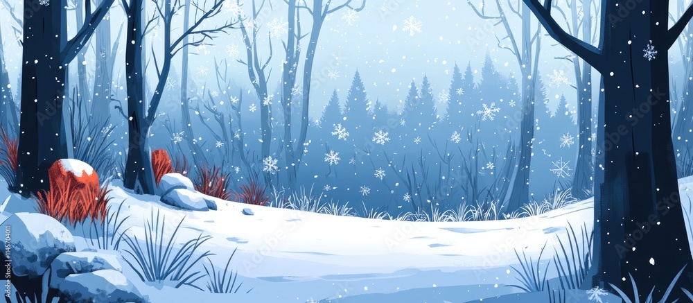 Aufkleber tranquil winter landscape with snow-covered trees and gentle snowflakes creating a serene atmosphere