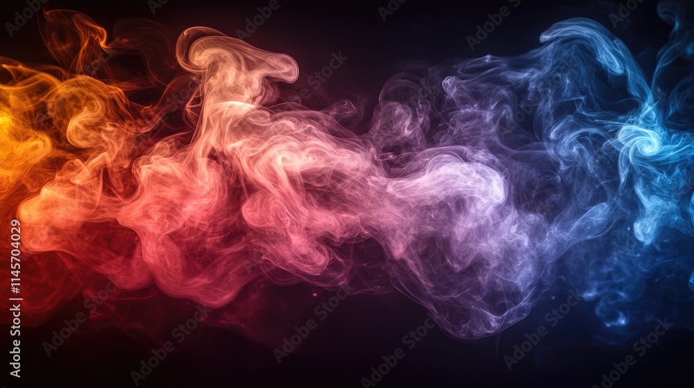 Poster vibrant colored smoke swirls on a black background creating an abstract art effect for modern design