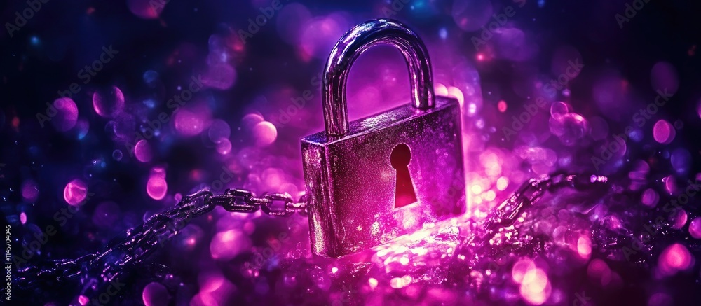 Poster cybersecurity concept with lock and chain in a colorful digital background