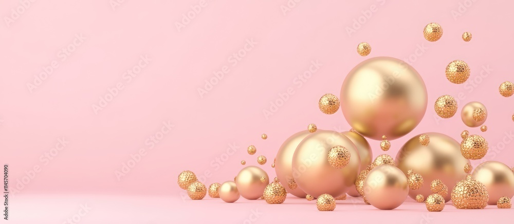 Poster golden spheres illuminated on a soft pink background creating a festive and elegant atmosphere for d