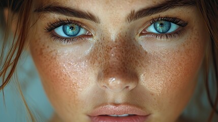 Fototapeta premium A woman's face with freckles represents skincare, beauty, confidence, and self-care in a studio setting.