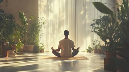 Man meditating in lotus position on yoga mat in sunlit room surrounded by plants.